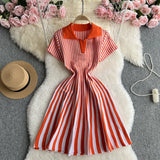Toloer Niche Retro Color Lapel Short Sleeve Striped Dress Female Waist Show Thin Temperament A-Word Knit
