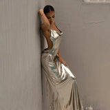 Party Party Spicy Girls Dress Long Dress Metal-Coated Sexy Back Halter Dress-Outfit
