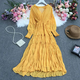 Holiday Dress Autumn Dress 2023 New Goddess Temperament V-Collar Rope-Drawn Waist Dress-Outfit
