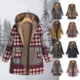 Vintage Ethnic Coats Winter Printed Pockets Hooded Zipper Jackets Full Sleeve Casual Plus Size Plush Parkas