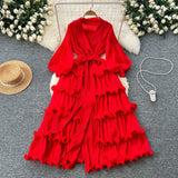 New Elegant Dress Spring Dress High-End Retro Collar Lantern Sleeves To Close Waist Lotus Leaves Side Pressure Skirt Dress