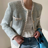2021 Autumn Winter Tweed Coat Women Long Sleeve Single Breasted Korean Style Minimalist Ladies Jackets Elegant