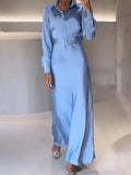 Blue Long Sleeve Ankle Length Dresses Women Silk Elegant Casual Loose Fashion Autumn New Women Dresses-Outfit