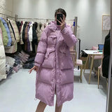 Fashion Waist Hooded Long Down Jacket Female 2024 Winter New Show Thin Three Plate Buckle Warm Coat-Outfit