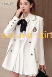 All-match High-waist Pleated Skirt Long Sleeve Lapel Blazer A-Line Elegant Shirt Clothes Preppy Style