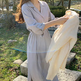 Chic Minimalist Versatile Lapel Single Breasted On Band Waist Lower Slit Shirt Dress Woman-Outfit