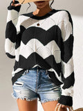 Yang Autumn New Fur Women's Loose Round Collar Hit The Striped Long-Sleeved Knitted Shirt