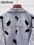 Feathers Denim Jacket Women 2022 Spring bomber Jacket Coat Female Chic Women Outwear veste femme ropa de