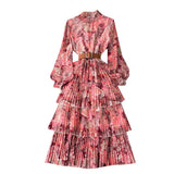 Collar Net Long-Sleeved Lotus Leaf Edge Printing Waist Fluffy Pendulum Dress Female Spring And Autumn Lantern Sleeve Cake Dress-Outfit