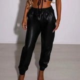 Women PU Leather Autumn Fashion Elegant Office Casual Loose Harem Leather Pants Elastic High Waist Female Long Trousers-Outfit
