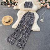 Women Zebra Summer Fashion Korean Set Sexy Off Shoulder Strapless Short Tops+High Waist Gradient Long Pants Two Piece Suits