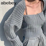 Beige Knitted Women's Suit Square Collar Sleeveless Top Bishop Long Sleeve Cardigan Two Piece Set Women