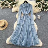 Retro Elegant Dress Women Winter High Hook Lace Splicing Mesh Yarn Irregular Knee