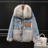 2022 Women Winter Fashion Thick Faux Fox Fur Jackets Female Patchwork Denim Coats Ladies Long Sleeve Loose Warm