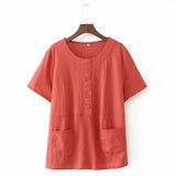 Women's Clothing Oversized Solid Cotton Short Sleeve Round Neck Pocket Button Casual Home Loose Belly Tshirt Tops-Outfit