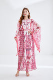 Court Style Temperament Round Collar Horn Long Sleeves Loose Celadon Print A-Word Dress Seaside Holiday