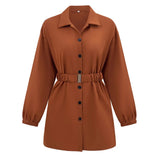 Toloer Autumn And Winter Women's Wear 2024 Fashion New Solid Color Shirt Collar Single Breasted Belt Shirt Coat Women-Outfit