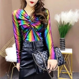 Glossy Contrasting Colors Slim T-shirt 2023 Spring Autumn Long Sleeve Female Clothing Sexy V-Neck Stylish Folds