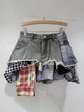 Women's Denim Skirt Colored Plaid Patchwork Irregular Deconstructed A-line High Waist Mini Skirt 2024 Summer New Fashion-Outfit