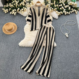 Women's Summer V-Neck Loose Knitted Cardigan Top + Broad Leg Trousers Set With Striped Hollow