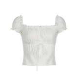 Ruffled Square Neck Puff Short Sleeve Tee-Outfit