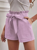 2025 Summer Women's Loose Flax Leisure Shorts Pocket Solid Colored High-Rise Broad