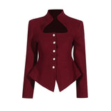 Toloer British Wind 2024 New Standing Collar Hollow Out Waist Irregular Short Texture Long Sleeve Suit Jacket Female-Outfit