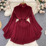 Toloer Of Pleated Horn Sleeve High Collar Dress Female Spring And Summer French Light Luxury Minority Design Sense Of Waist Chiffon
