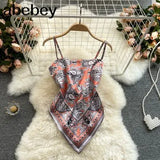 Treny Print Top Women's Sexy Backless Strap Camis Scarf Tie Crop Top Beach Holidays Sexy All-matching Summer