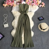 New Summer Fashion turn down collar sleeveless off shoulder Jumpsuit high waist lace up casual wide leg pleated
