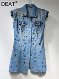 Women Denim Dress Sleeveless Diamonds Gemstone Tassel Slim High Waist Single Breasted Dress 2024 Summer New Fashion 29L2129-Outfit