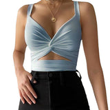Toloer Women's Vest Kinked Elastic Lace With Slim Solid Color V-Neck Dew Back