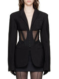 Toloer Coat Female 2024 New French Casual Fish Bone Beam Waist Mesh Stitching Slim Perspective Small Suit Summer-Outfit
