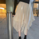 Fashion All-match Asymmetrical Mesh Skirt 2023 Summer New Elegant Office Lady Commute High Waist A-Line Voile Midi