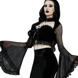 Summer Dark Wind Fashion Spice Girl T-Shirt Sexuality Long-Sleeved Mesh Cloth Spliced Horn Sleeve Blouse Girl-Outfit