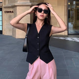 V-Neck Small Suit Vest Women With Retro Short Folded Oversleeping Vest Sleeveless Shoulder