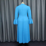 Elegant Round Collar Horn Long-Sleeved Dress Party Hundred Folds Dress Dress