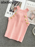 Summer New Hollow Out Womens Tank Tops Thin Knitted Sleeveless Sexy Tops Golden Buttons Camisole Women