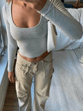 Solid Color Long Sleeve Knit Crop Top-Outfit