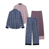 And Summer Print Casual Set Silk-Sense Stitling Long-Sleeved Single-D Row Loose Shirt High-Waisted Trousers