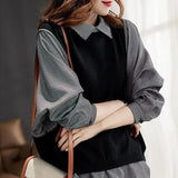 Two Pieces Plaid Pullovers Female Clothing Korean Lapel Casual Spring Autumn Commute Knitted Patchwork Loose