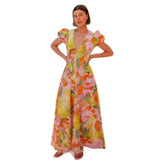 New Low-Chested V-Neck Fashion Striped Print Bubble Sleeve Dress