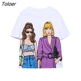 Summer Women Fashion Double Girls Print Knitting Casual T Shirt Female Basic O Neck Short Sleeve Chic White Tops