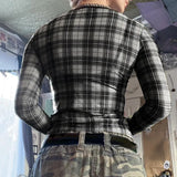 Toloer And Spicy Retro Black And Gray Color Plaid Perspective Slim Short Mesh T-Shirt Autumn Personality Show Thin Versatile Jacket-Outfit