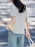 Toloer Cream-Colored Top 25 Years Of Summer New Commute Fashion Design Lace Splicing Loose T-Shirt