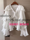 Striped Patchwork Ruffle Blouse For Women V Neck Long Sleeve Elegant Shirt Female Fashion Clothing