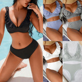 Toloer New Swimsuit Striped High Waist V-Neck Flounce Bikini Swimsuit Ladies