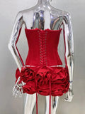 Red Lace Up Corset And 3d Flower Mini Skirt Two-Piece Set-Outfit