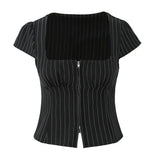 Striped Square Neck Short Sleeve Double Zipper Top-Outfit
