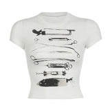 College Style Street Sweetheart Hot Girl Round Collar Shows Thin Casual Simple Printed Short T-Shirt-Outfit